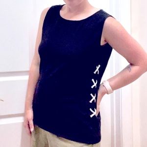 black sleeveless top contrasting white lace up sides White House Black Market